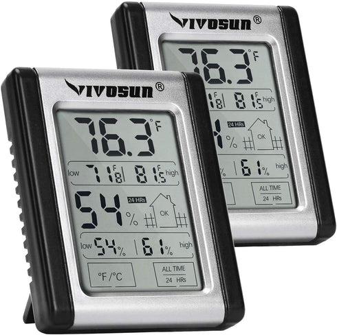 VIVOSUN 2 Pack Digital Indoor Hydrometer Grow Tent Thermometer Thermostat with Humidity Gauge, Temperature & Humidity Monitor Meter for Plants, Indoor, Home, Office; Button Battery Included