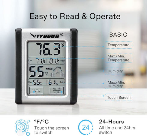 VIVOSUN 2 Pack Digital Indoor Hydrometer Grow Tent Thermometer Thermostat with Humidity Gauge, Temperature & Humidity Monitor Meter for Plants, Indoor, Home, Office; Button Battery Included
