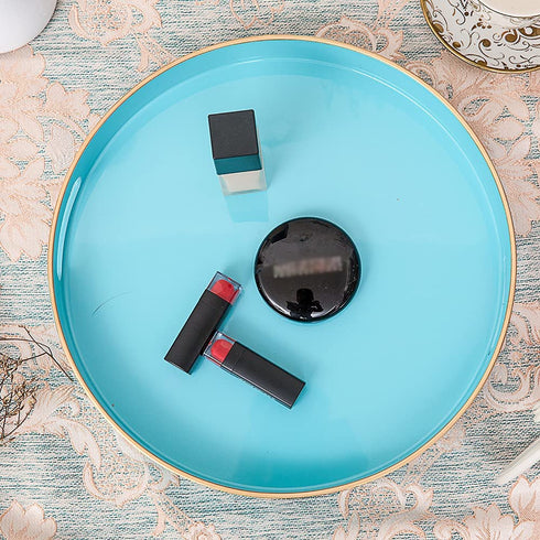 MAONAME 13" Round Tray, Blue Serving Tray with Handles, Modern Decorative Tray for Coffee Table, Plastic Ottoman Tray for Ottoman, Bathroom, Decor