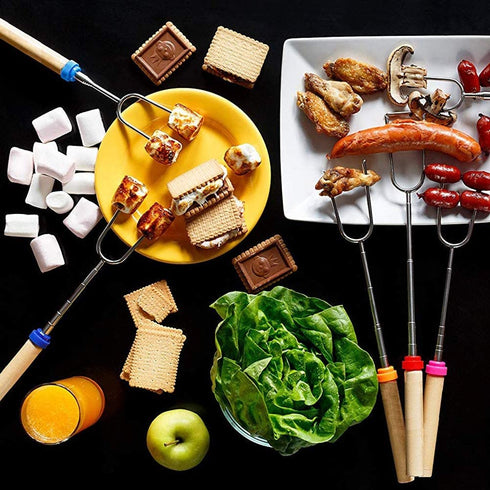 Marshmallow Roasting Sticks Wooden Handle Set of 12 Smores Skewers Telescoping Forks 32 inch with Portable Bag for Hot Dog Campfire Camping Stove BBQ Tools