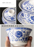 Chinese Porcelain Teacups 10oz Gaiwan Peony Lotus Flower Tureen Tradition Sancai Cover Bowl Lip Cup Saucer Tea Set (Blue lotus)
