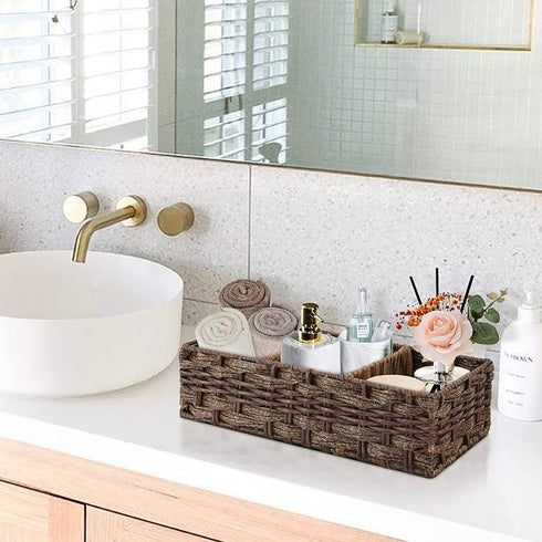 Back of Toilet Basket Toilet Tank Tray Toilet Tank Basket with 3 Section, Basket Organizer for Bathroom,Decorative Wicker Baskets for Bathroom Counter