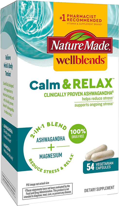 Nature Made Wellblends Calm & Relax, Ashwagandha 125 mg, Magnesium 300 mg, 54 Vegetarian Capsules