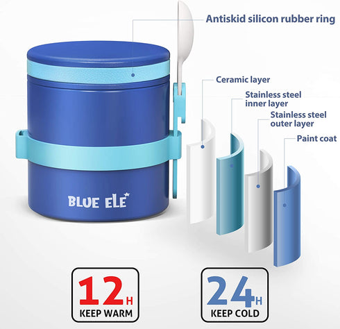 BLUE ELE Leakproof, Vacuum Insulated Thermos Hot Lunch Containers with Ceramic-Coated Stainless Steel, Easy Grip Lid, and Folding Spoon, 13.5oz, Deep Blue
