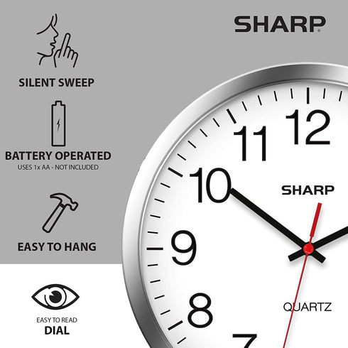 SHARP Wall Clock Silver/Chrome, Silent Non Ticking 12 Inch Quality Quartz Battery Operated Round Easy to Read Home/Kitchen/Office/Classroom/School Clocks, Sweep Movement