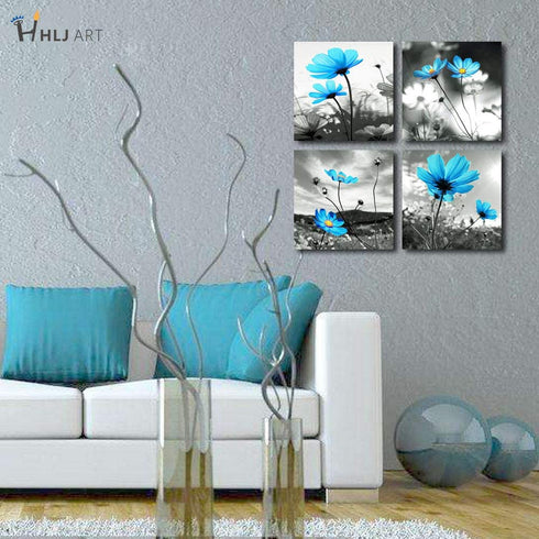HLJ ART Modern Salon Theme Black and White Peacock Blue Vase Flower Painting Still Life Canvas Wall Art for Home Bathroom Living Room Wall Decor