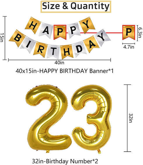 NANINUNENO 23rd Gold Birthday Decorations,Gold Black Silver Happy Birthday Balloons Supplies for Boy Men Girl Women,23 Birthday Party Set with23 Gold Number Balloons Happy Birthday Banner and Whiskey Bottle Balloons