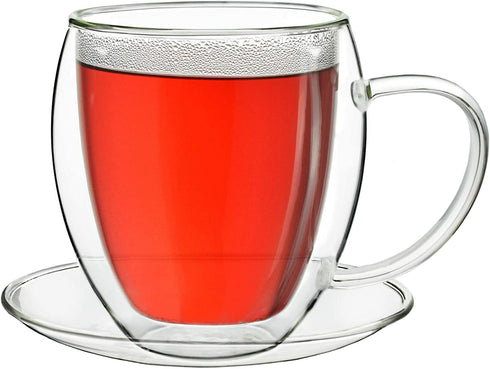 Creano Double Wall Glass Mugs 9 OZ with Handle and Saucer, Insulated Cup - 2X 9oz (250ml)
