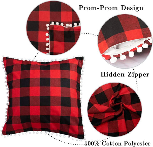 Red and Black Checked Pillow Covers 18x18 Inch Pack of 2 Plaid Cotton Linen Decorative Throw Pillow Cases with Pom-poms Rustic Party Decor Plaid Square Pillow Cover Christmas Decor
