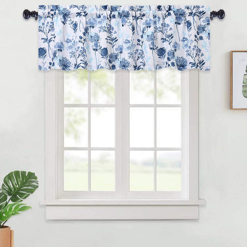 Haperlare Blue Leaf Flower Printed Valance Curtains for Kitchen Cafe Curtains, Floral Print Bathroom Window Curtains, Multi Color Window Treatment, 54" x 15", Navy Blue/Light Blue