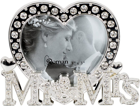 Mr & Mrs Silver Heart Jewel Encrusted 3.5 Inch Tabletop Wedding Picture Frame