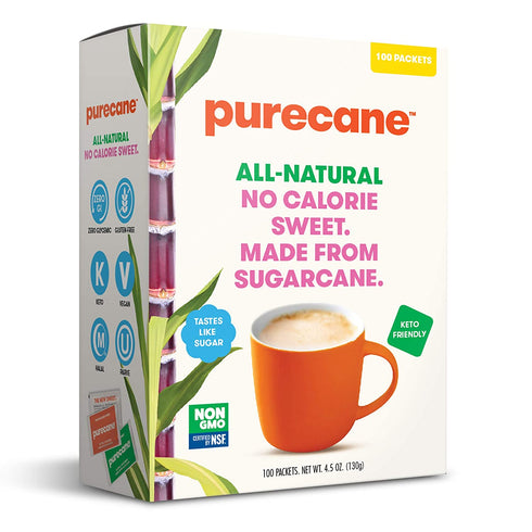 Purecane Zero Calorie Sugar Substitute, Made from All-Natural Sugar Cane, Diabetic Friendly, Keto Diet Friendly, Gluten-free, Zero Net Carbs, 100 Count Sachets, 4.5 Ounce
