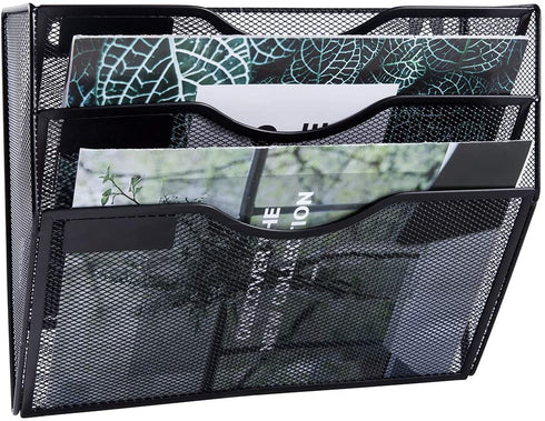 EASEPRES 3 Pockets Mesh Wall File Holder Organizer Office Hanging Magazine Rack, Black