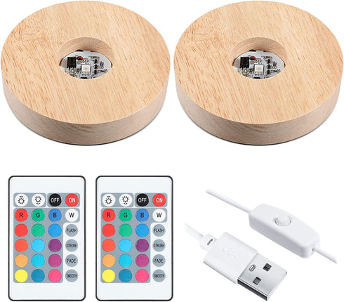 3.94 Inch Wooden Light Stand Base Colorful LED Lights Display Base with Remote Control for Selenite Tower 3D Laser Crystal Glass Resin Art (2 Pieces)