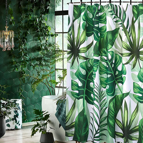 SOFJAGETQ Tropical Banana Leaves Digital Printing Fabric Shower Curtain for Bathroom, White Green Fall Shower Curtain Set, 72 x 72 inches Long, with Free Hooks