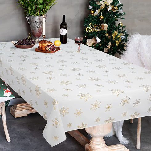 Christmas Tablecloth, Gold Snowflake Table Cloth, Xmas Sparkling Metallic Tablecloths for Dining Kitchen Winter Holiday, Waterproof Table Cover for Party Home Decor, Rectangle 57 x 120 inch