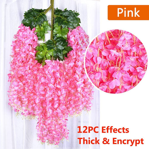 Oslimea 12 Pack 43.3 Feet Artificial Wisteria Vine Rattan Fake Wisteria Hanging Garland Flowers String Silk Wisteria Flower for Christmas Birthday Home Party Wedding Decor, Pink