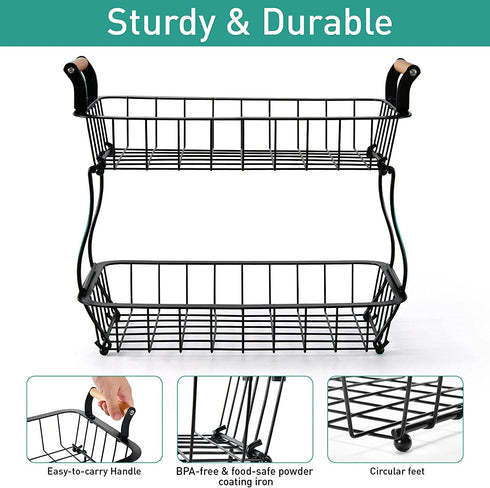 2 Tier Countertop Fruit Basket for Kitchen Vegetable Fruits Basket Bowl Stand Metal Rectangle Wire Basket Storage Holder for Fruits Veggies Bread Snacks Kitchen Organizer, Black