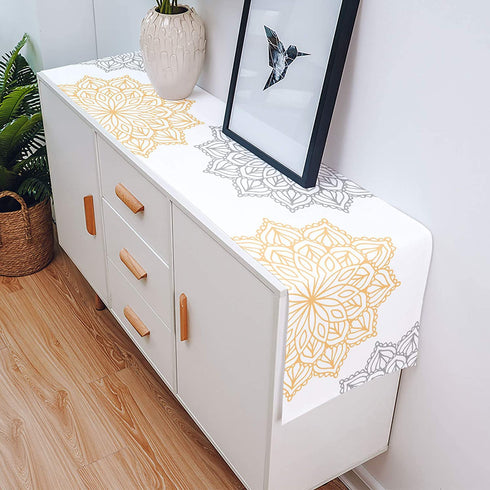 Abstract Table Runner, Dahlia Floral Pattern Grey Yellow Dresser Scarves Non-Slip Burlap Abstract Kitchen Tablecloth for Holiday Dinner Parties Wedding Home Decor,13x120inch