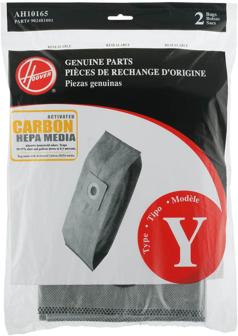 Hoover Type Y Pleated Carbon HEPA Bag Replacement for Upright Vacuum Cleaner, 2 Pack, AH10165, Gray, 2 Count