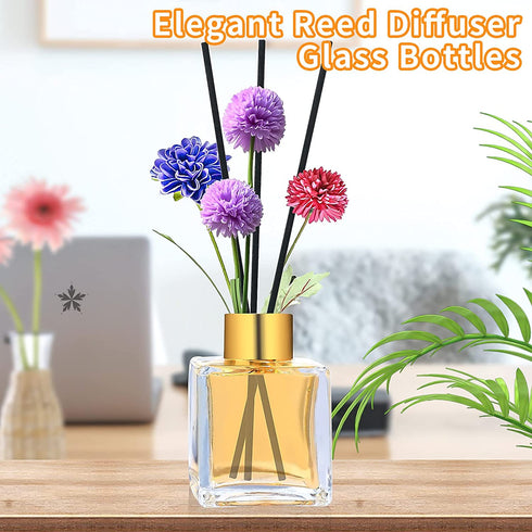 Diffuser Glass Bottles Set of 5 DIY Empty Clear Glass Fragrance Bottle with Gold Caps Reeds Sticks Vase Decorative Oil Diffusers for Home Office Desk Decoration Wedding Replacement Girl Women Gift