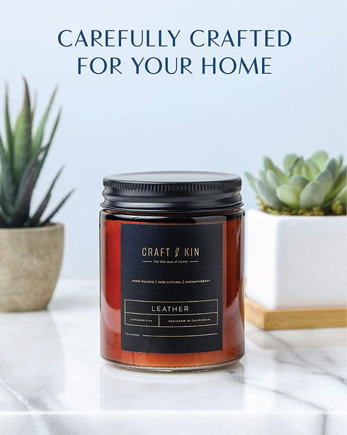 Leather Candle | Premium Scented Candles for Men & Women | All-Natural Soy Candles, Rustic Home Decor Scented Candles | Ultra Clean Burn Amber Jar Candles, Non-Toxic Aromatherapy Candles
