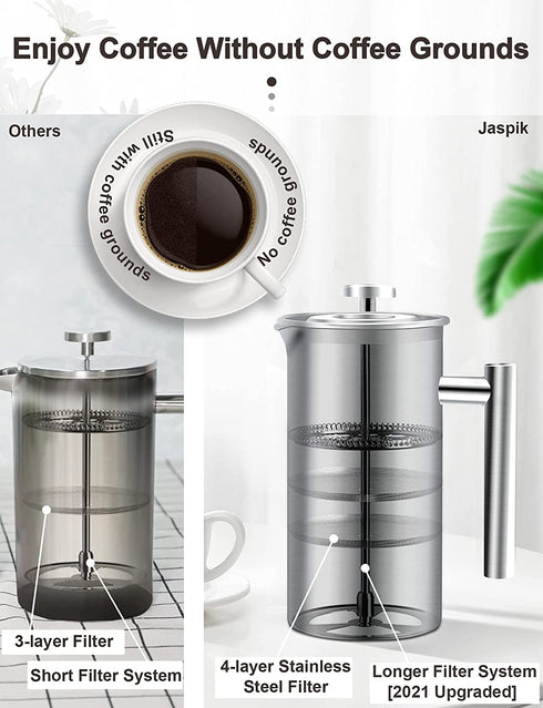 French Press Portable Coffee Maker - 4 Level Filtration System, 34 Oz 304 Stainless Steel Coffee Press, Tea Maker, No Coffee Grounds, with 2 Extra Screens & Spoon, Rust-Free, Dishwasher Safe, BPA Free (Silver)