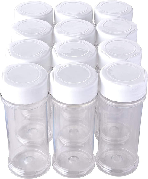 12 Pack of 6 Oz. Empty Clear Plastic Spice Bottles with White Sprinkle Top Lids For Storing and Dispensing Salt, Sweeteners and Spices - Food-Grade Spice Jars for Kitchen and Home Spice Organization