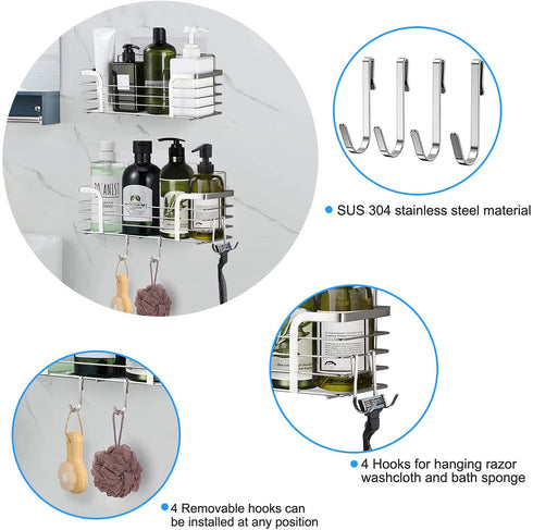 Yougai Shower Caddy Shelf Basket with Soap Dish and 4 Hooks, SUS304 Stainless Steel Shampoo Holder Bathroom Organizer No Drilling Adhesive Wall Mounted Storage Shelves for Kitchen, Toilet, Bathroom Rack Accessories-2 Pack, Silver