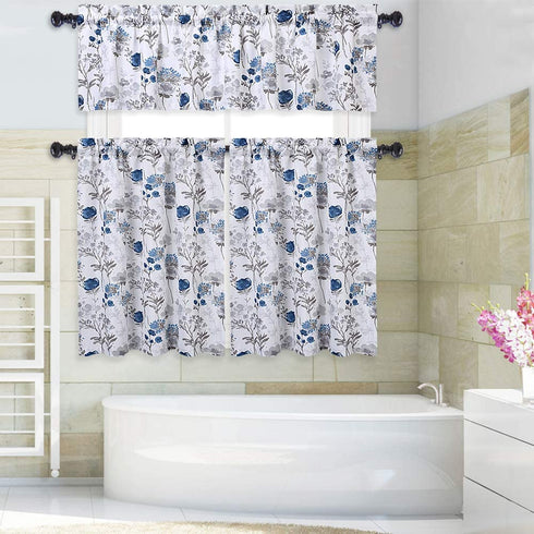 Haperlare Navy Blue Cafe Curtains 36 Inches Length, Watercolor Flowers Rod Pocket Short Tier Curtains for Kitchen Leaf Floral Bathroom Window Curtains, Blue/Grey