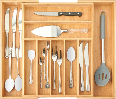 Bamboo Expandable Drawer Organizer for Kitchen Utensils ,Multifunctional Silverware Organizer/Flatware Drawer Organizer and Cutlery Tray for Silverware, Flatware, Knives .etc( 9 Slots ,Natural)