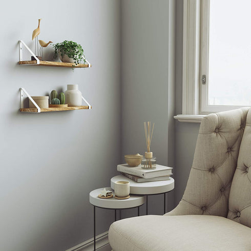 Wallniture Ponza Floating Shelves for Wall, Bathroom Shelves Wall Mounted Set of 2, Burned Finish Wood Shelves with White Shelf Brackets