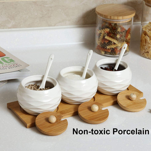 LUEUR Porcelain Condiment Jar Spice Container with Bamboo Lids, Ceramic Spoons & Wooden Serving Tray Ceramic 225ml Sugar Bowl Set of 3 For Kitchen W/Free Blackboard Adhesive Stickers 16 Labels