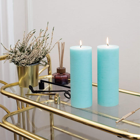 CANDWAX 3x8 Pillar Candle Set of 2 - Decorative Rustic Candles Unscented and No Drip Candles - Ideal as Wedding Candles or Large Candles for Home Interior - Light Turquoise Candles