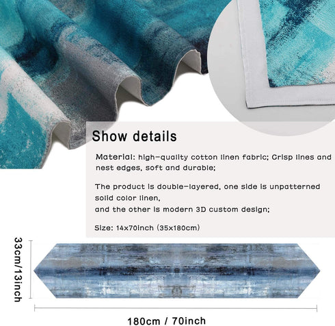 GALMAXS7 Modern Art Table Runner Farmhouse Style Burlap Table Runner Blue and Grey Abstract Art Table Runners for Farmhouse Kitchen, Dinner Holiday Parties Wedding Decor - 13 X 90 Inch