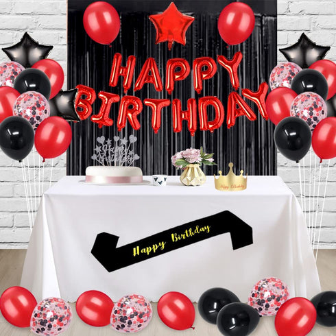 Fancypartyshop Fancy 50TH Birthday Party Decorations Supplies Red Black Later Balloons Happy Birthday Cake Topper Sash Foil Black Curtains Foil Star Balloons Number Red 50