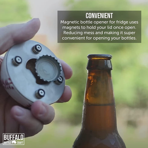 Stainless Steel Baseball Bottle Opener, Beer Bottle Opener Made from Real Baseball's Leather, Magnetic Bottle Opener & Cap Catcher - Cool Gadget for Teens, Present for Men & Main Beer Accessory