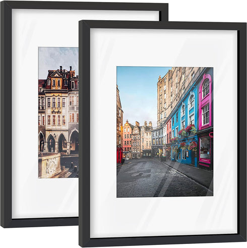 HappyHapi 12x16 Inch Picture Frames, Set of 2 Wooden Picture Frames, 8.5X11 with Mat or 30x40cm (15.83x11.89in) without Mat, Wall Decorations for Photos, Diplomas, Certificates, Paintings