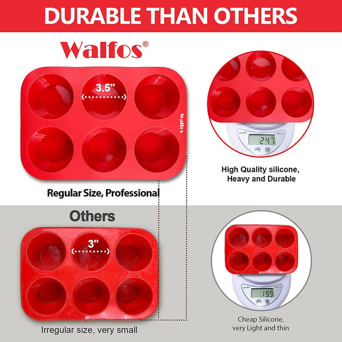 Walfos Silicone Texas Muffin Pan Set- 6 Cup Jumbo Silicone Cupcake Pan, Non-Stick Silicone, Just PoP Out! Perfect for Egg Muffin, Big Cupcake - BPA Free and Dishwasher Safe, Set of 2