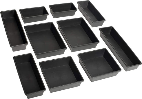 Zilpoo 10-Piece Plastic Drawer Bins, Kitchen Utensils Organization Trays, Bathroom Supplies Accessory Organizer, Vanity Makeup Storage Baskets, Black