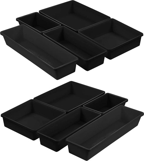 Zilpoo 10-Piece Plastic Drawer Bins, Kitchen Utensils Organization Trays, Bathroom Supplies Accessory Organizer, Vanity Makeup Storage Baskets, Black