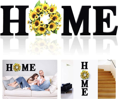 12 Inch Wood Home Letters with Sunflower Wreath for O, Wall Hanging Large Wooden Home Sign, Rustic Wall Decor for Living Room Kitchen Entryway, House Decorative Artificial Sunflower Wall Decoration
