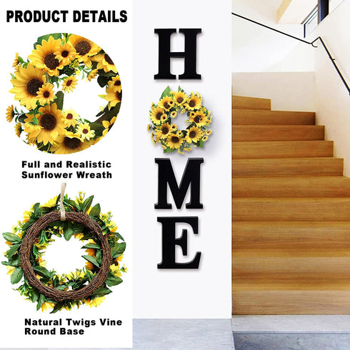12 Inch Wood Home Letters with Sunflower Wreath for O, Wall Hanging Large Wooden Home Sign, Rustic Wall Decor for Living Room Kitchen Entryway, House Decorative Artificial Sunflower Wall Decoration