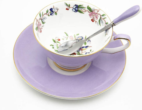 3 Piece Bone China Cup and Saucer Set with Spoon Vintage Porcelain Coffee Cup Set, Floral Tea Cup Set with Gold Trim and Gift Box, 7.1oz.