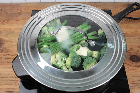 RSVP International Endurance Universal Lid with Glass Insert, Stainless Steel, Fits 5.5" - 9" | Secure Tempered Glass | Fits Frying, Sauté, Sauce, Stock Pots & Pans | Dishwasher & Oven Safe