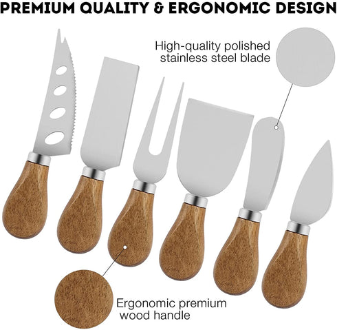 Cheese Knife Set,6pc Stainless Steel Cheese Knives Cutter for Charcuterie Board with Spreader/Slicer/Fork,Charcuterie Utensils with Wood Handle,Exquisite Cheese Butter Tool Collection Gifts Set