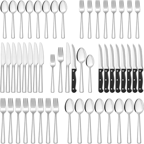 24 Pieces Silverware Set with Steak Knives, Yoehka Durable Stainless Steel Flatware Cutlery Set, Service for 4, Kitchen Utensil Tableware Set for Home and Restaurant Mirror Polished & Dishwasher Safe