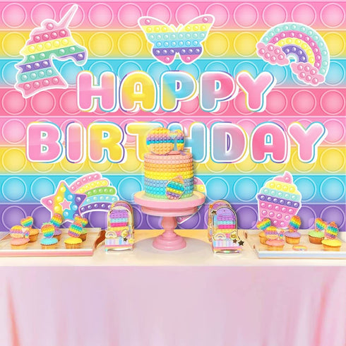 Pop Birthday Party Decorations,Macaron Pastel Pop Push Backdrop 5x3Ft for Girls Boys Kids Adults Rainbow Popper Pop Fidget Toy Birthday Party Supplies Happy Birthday Banner Photography Background