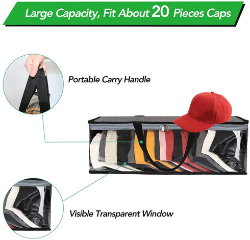 QTBOOM Hat Organizer Gray 2 Packs For Closet Cap Closet Organizer And Storage, Hat Storage For Baseball Caps, Hat Holder Rack With 2 Carry Handles Portable Cap Storage Bag, Hold Up To 40 Hats