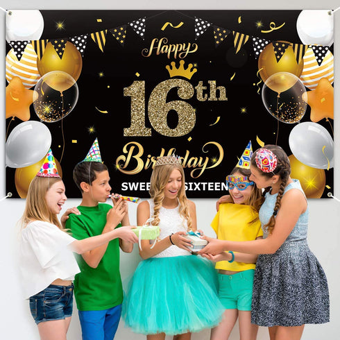 WATINC Happy 16th Birthday Backdrop Banner Sweet Sixteen Background Banners 78" x 45" Extra Large Backdrops Balloons Black Gold Party Decorations Supplies